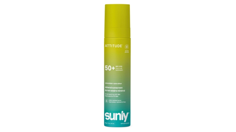 Attitude Sunly SPF 50+ mineral sunscreen spray in a yellow and teal gradient 85g canister.