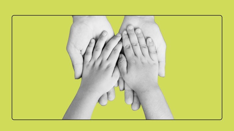 A black-and-white cutout image showing a stack of three hands nested together, representing a family. Two smaller children's hands rest on top of a larger adult hand, which cradles them from beneath. The cutout is centered against a solid, lime green background and framed by a thin, black rectangular border with rounded corners.