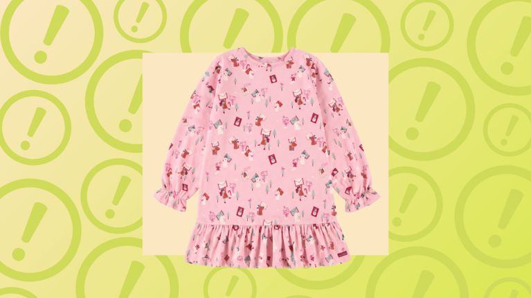 Pink long-sleeve toddler nightgown with a winter mail and animal print and ruffled hem.