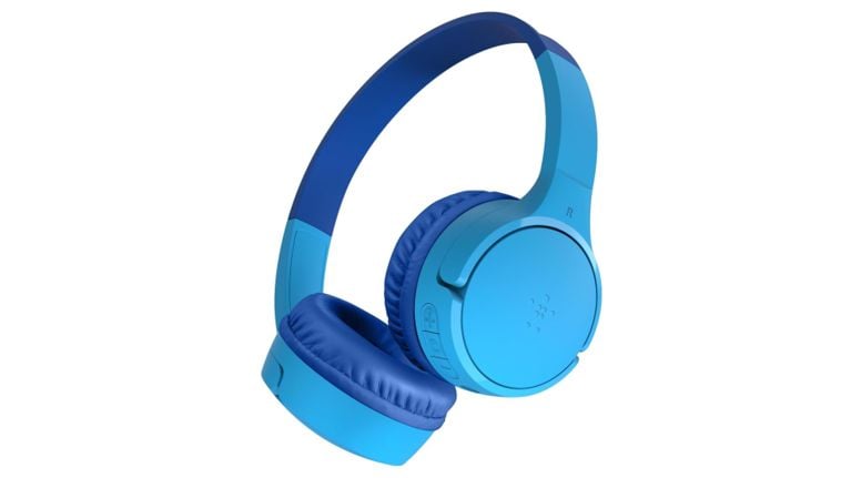 Blue Belkin SoundForm Mini 2 wireless kids headphones on a white background.
