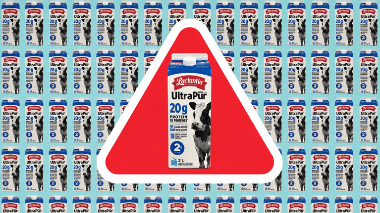 Graphic of a Lactantia UltraPur 20g Protein 2% milk carton against a pale green background with repeated warning symbols.