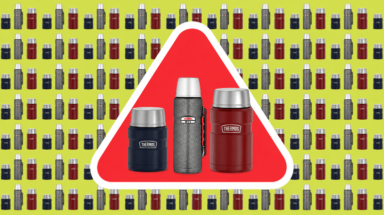 Graphic showing recalled Thermos food jars and bottles in front of a large red warning triangle, with rows of Thermos containers repeated on a bright yellow background.