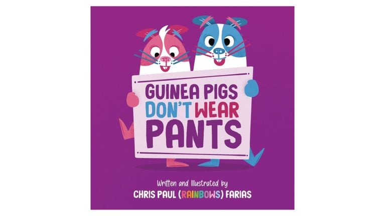 Cover of the children’s book Guinea Pigs Don’t Wear Pants, showing two cartoon guinea pigs holding a sign with the title against a purple background.