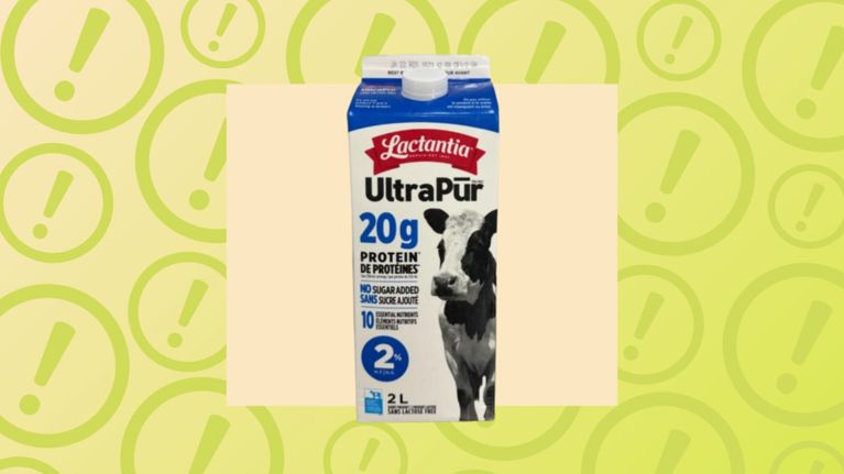 Graphic of a Lactantia UltraPur 20g Protein 2% milk carton against a pale green background with repeated warning symbols.