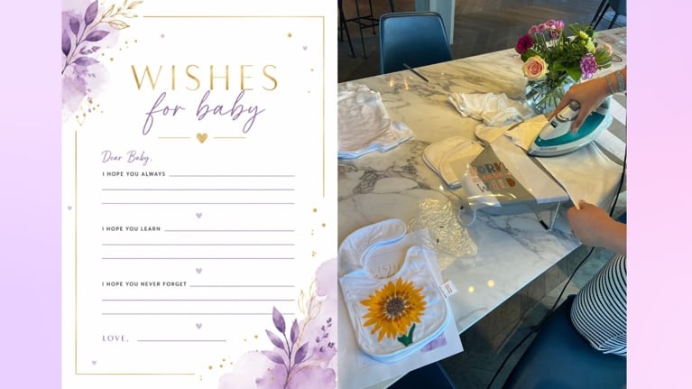 "Wishes for Baby" exercise and bodysuit/bib decorating station