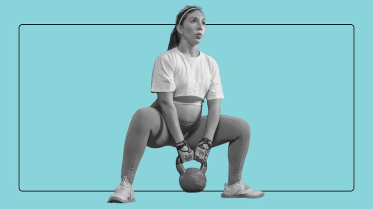 Pregnant woman in workout clothes does a wide-stance squat while holding a kettlebell, set against a turquoise background.