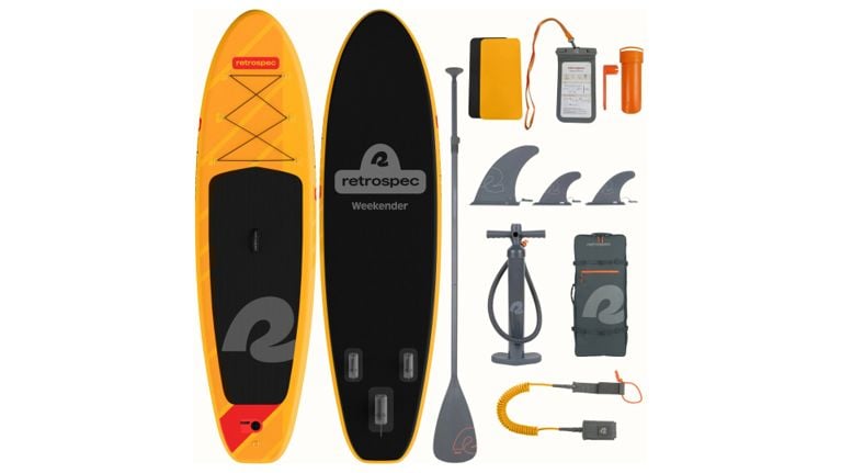 Retrospec Weekender inflatable stand-up paddleboard set, shown with the yellow-and-black board, paddle, fins, pump, leash, bag, dry pouch and accessories on a white background.