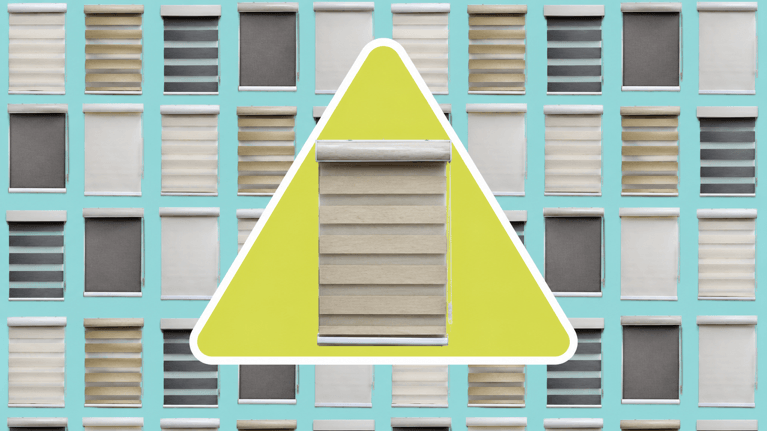 Illustration of multiple window shades and alternating blinds against a turquoise background, with one beige blind centred inside a large yellow warning triangle to suggest a window-covering safety risk.