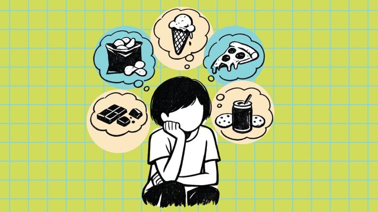 Illustration of a child sitting with their chin in their hand, surrounded by thought bubbles containing chips, ice cream, pizza, chocolate, cookies and a soft drink, set against a lime-green grid background.