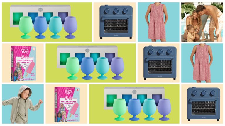 Set of four colourful silicone stemmed cups in green and blue shades, displayed in front of the product box.