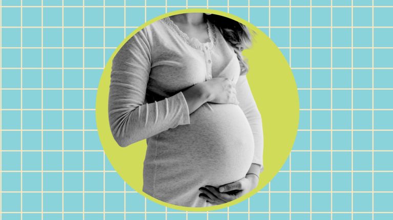 Black-and-white cropped photo of a pregnant person cradling their belly, set against a bright yellow circle on a pale blue grid background.