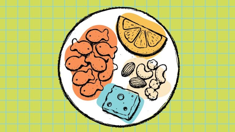 Illustration of a plate holding several snacks, including fish-shaped crackers, orange slices, mixed nuts and seeds, and a piece of cheese, set against a lime-green grid background.