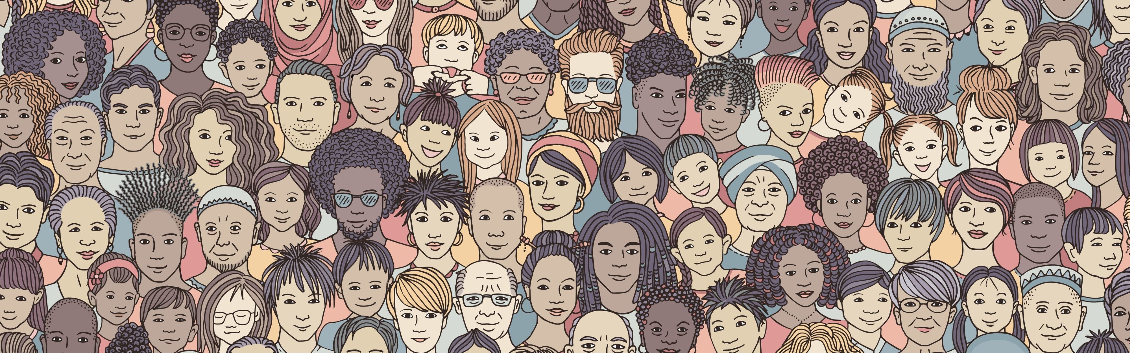 A wide, panoramic digital illustration featuring a dense crowd of diverse individuals. The subjects span various ages, from young children to seniors, and represent a wide array of ethnic backgrounds, hairstyles, and accessories, including hijabs, turbans, glasses, and facial hair. The art style is a consistent hand-drawn line art with a muted, earthy colour palette of dusty rose, slate blue, sage green, and tan. Every individual is depicted with a gentle, neutral, or smiling expression, creating a sense of global community and inclusion.