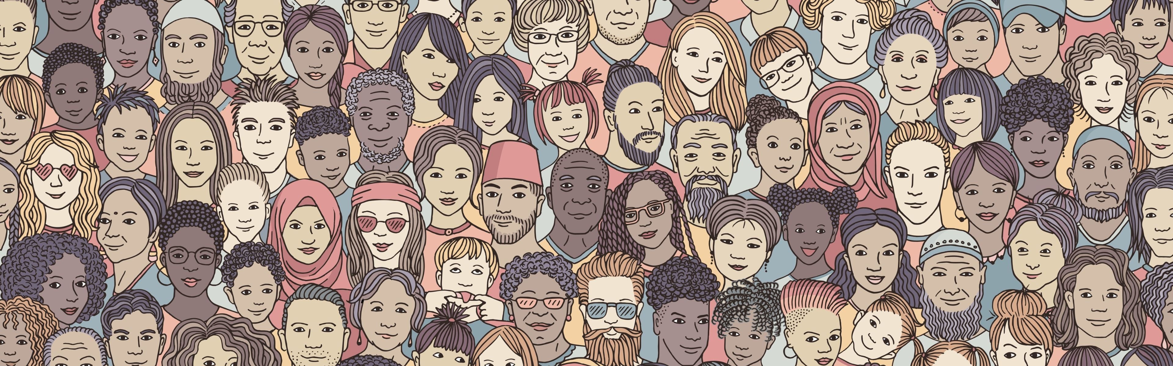 A wide, panoramic digital illustration featuring a dense crowd of diverse individuals. The subjects span various ages, from young children to seniors, and represent a wide array of ethnic backgrounds, hairstyles, and accessories, including hijabs, turbans, glasses, and facial hair. The art style is a consistent hand-drawn line art with a muted, earthy colour palette of dusty rose, slate blue, sage green, and tan. Every individual is depicted with a gentle, neutral, or smiling expression, creating a sense of global community and inclusion.