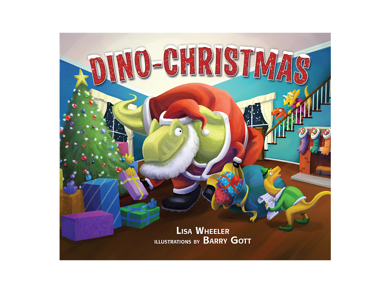 Cover art for Dino-Christmas showing a T-rex Santa bring presents at Christmas