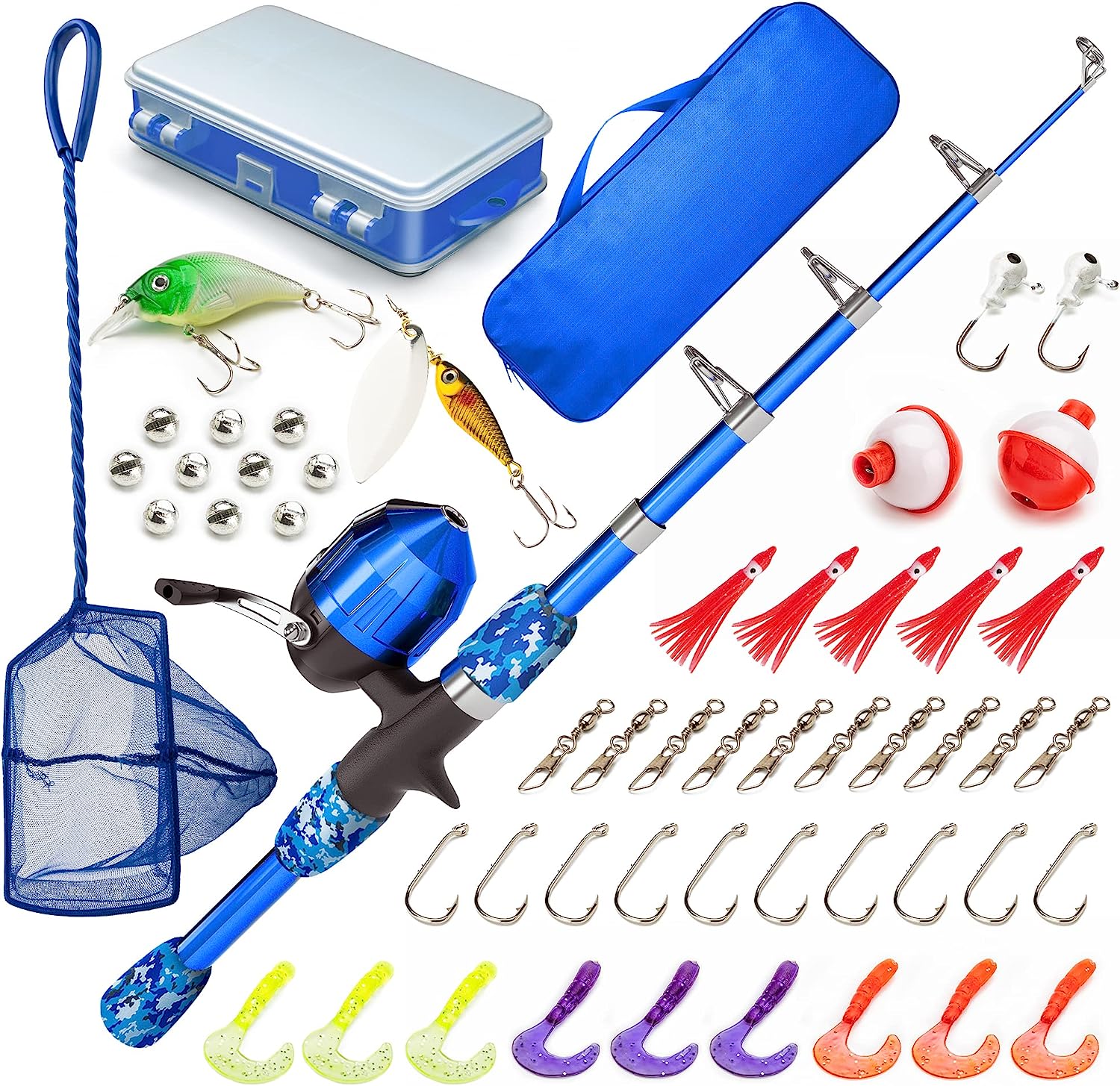 Kids Fishing Pole and Tackle Box - with Net, Travel Bag, Reel and