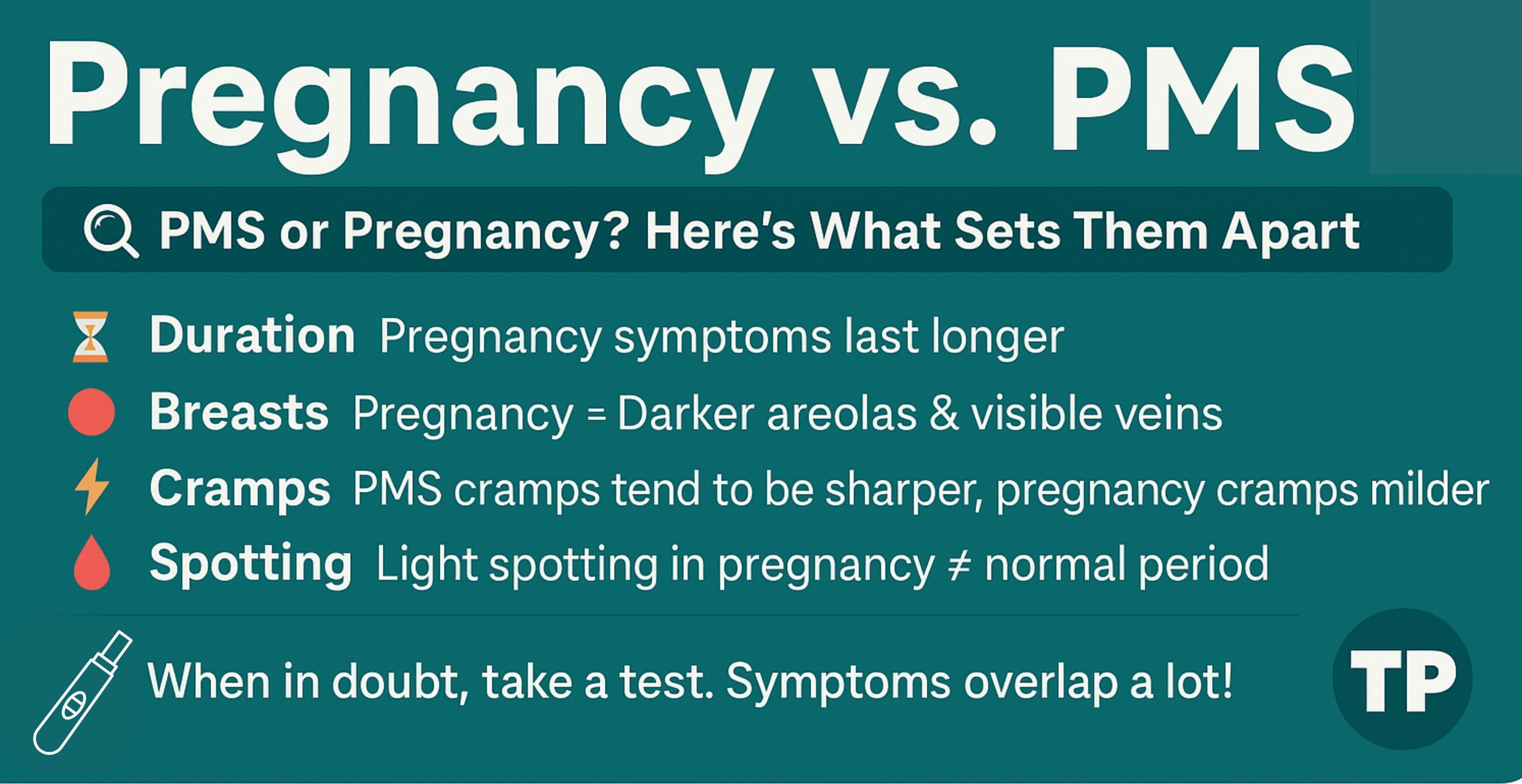 Pregnancy vs. PMS 🔍 PMS or Pregnancy? Here’s What Sets Them Apart ⏳ Duration Pregnancy symptoms last longer 🔴 Breasts Pregnancy = Darker areolas & visible veins ⚡ Cramps PMS cramps tend to be sharper, pregnancy cramps milder 🩸 Spotting Light spotting in pregnancy ≠ normal period 📌 When in doubt, take a test. Symptoms overlap a lot!