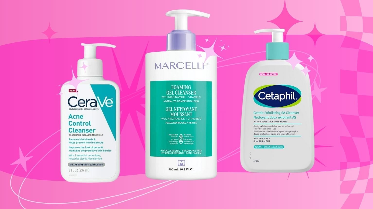 Three gentle cleansers for acne and oily skin: CeraVe Acne Control Cleanser, Marcelle Foaming Gel Cleanser, and Cetaphil Gentle Exfoliating SA Cleanser.