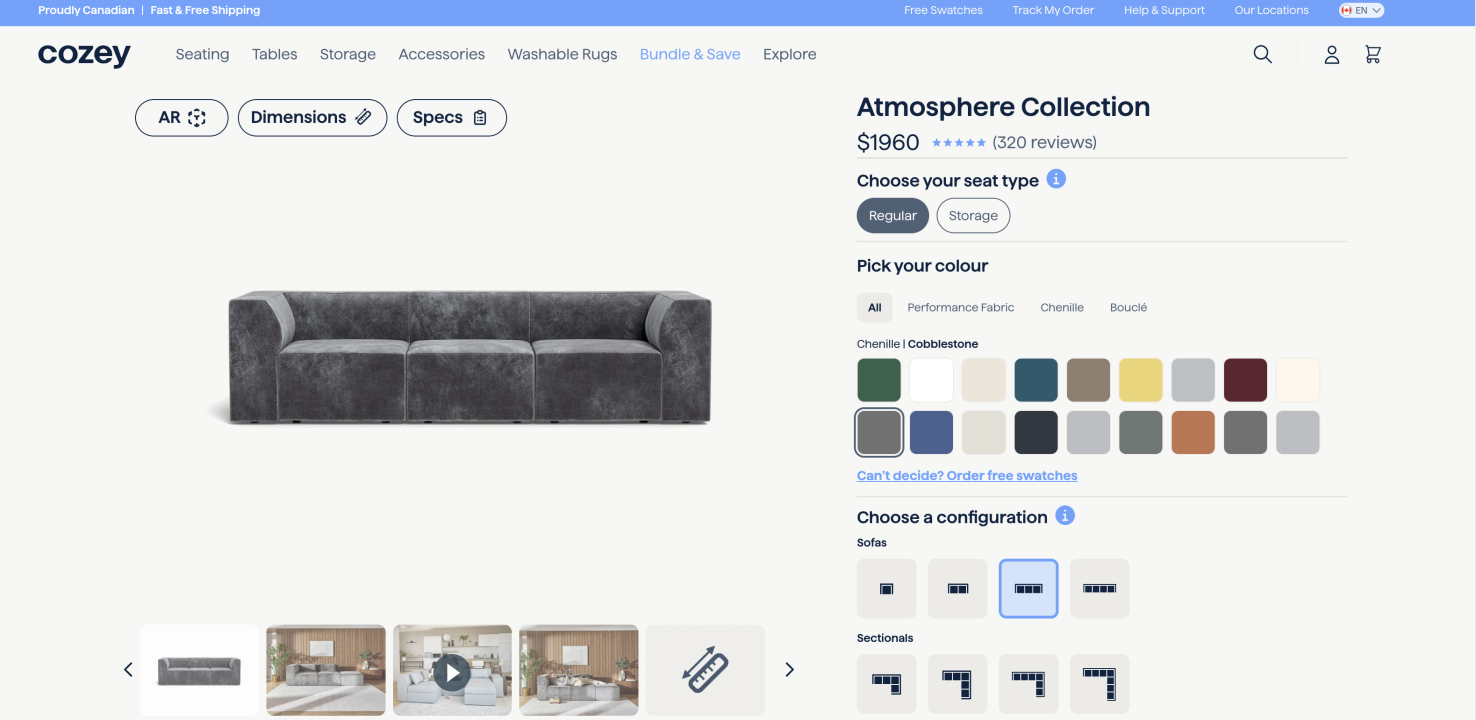 A screen capture of the Cozey website, showing the Atmosphere couch.