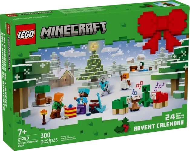 LEGO Minecraft Advent Calendar 2025 box featuring a snowy holiday village scene with festive Minecraft characters and creatures, containing 300 pieces and 24 daily gifts.