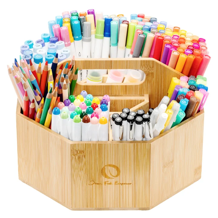 A wooden desk organizer filled with colorful markers, pens, and colored pencils arranged upright.