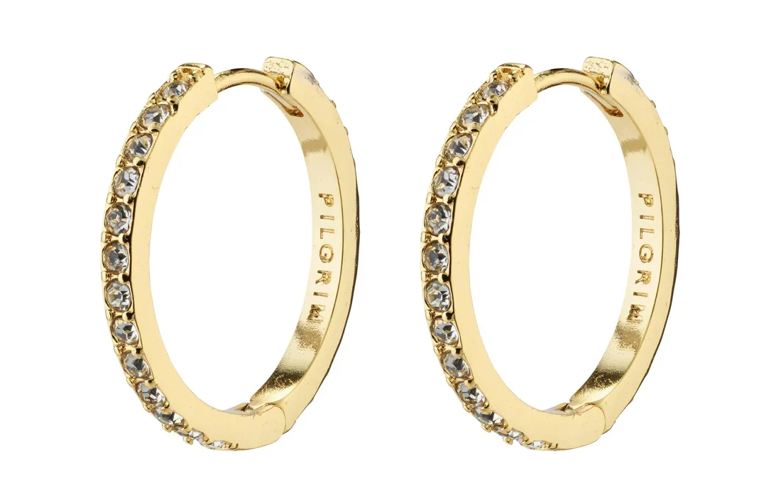 A pair of small gold hoop earrings set with clear crystals, photographed on a white background.