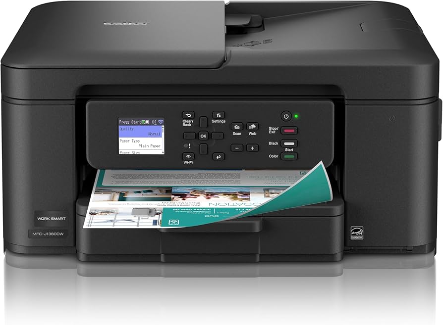 A black all-in-one inkjet printer printing a color document from the front tray.