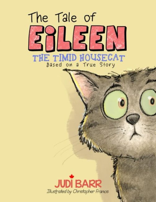 Cover of the children’s book The Tale of Eileen the Timid Housecat by Judi Barr, featuring an illustrated gray cat with wide green eyes.
