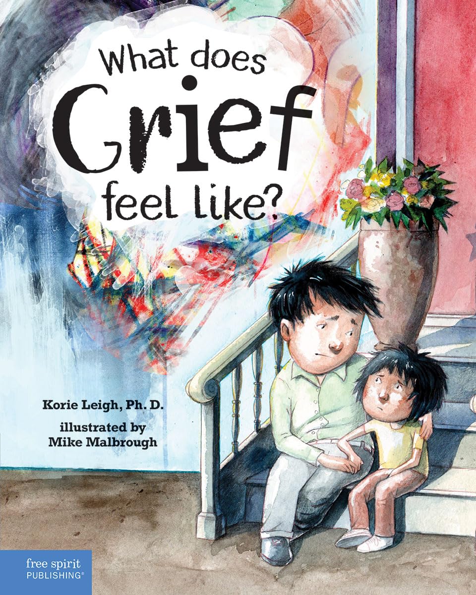 A book cover ("What Does Grief Feel Like?")