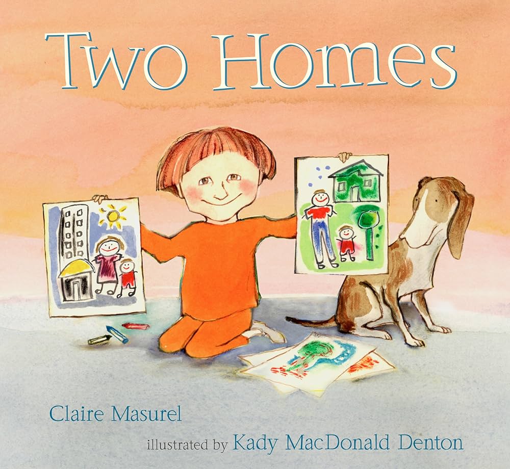 A children's book cover ("Two Homes")
