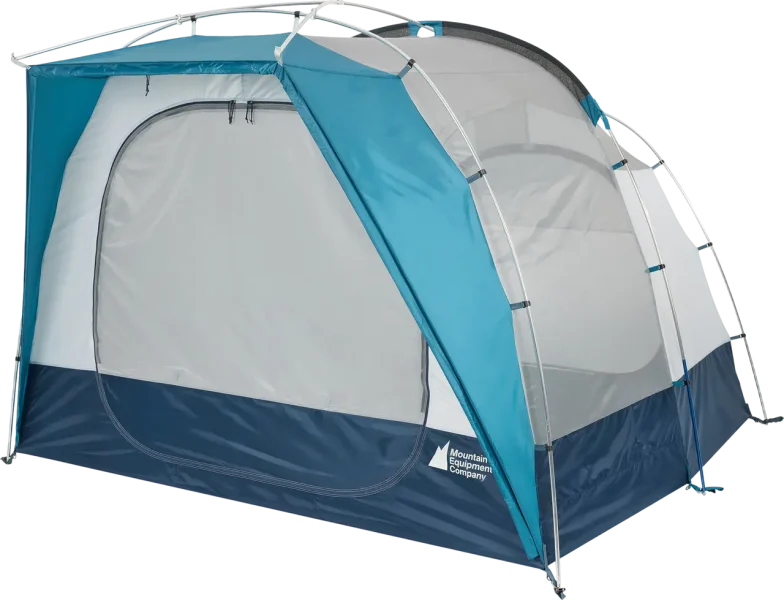 Blue-and-grey four-person cabin tent with a tall, boxy shape, large front door and screened side panel.