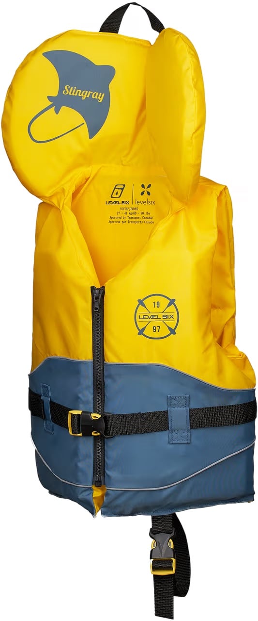 Bright yellow child-sized life jacket with blue trim, front zipper, waist buckle and head support panel.