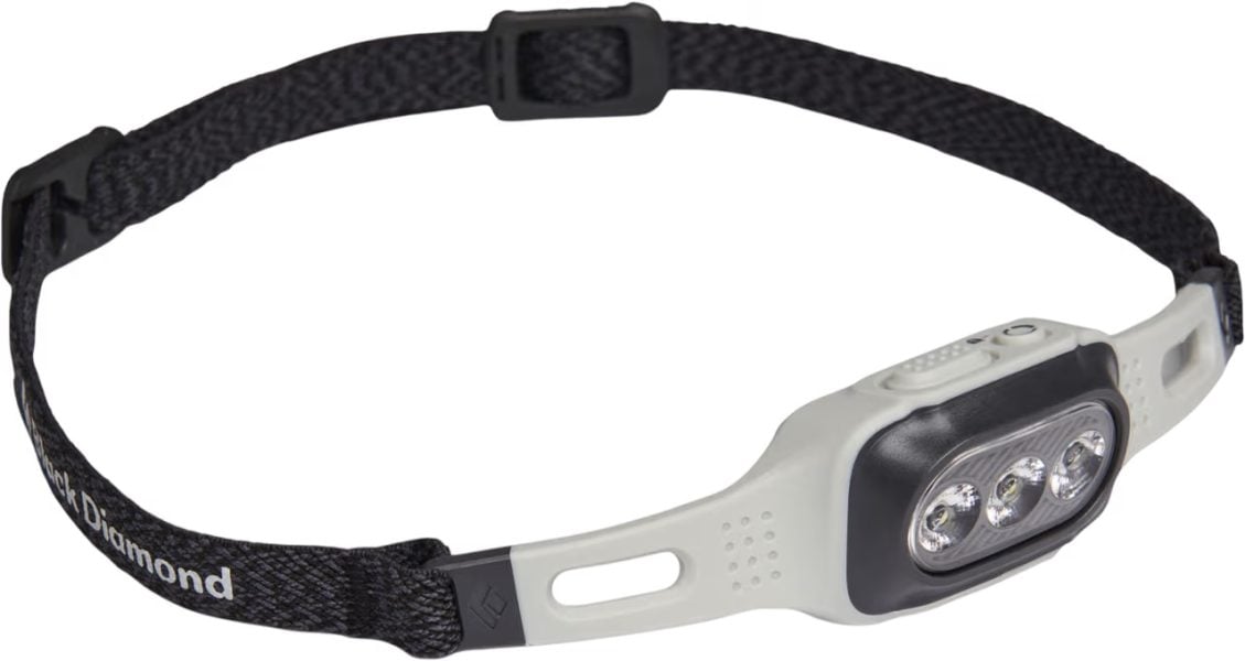 Small grey-and-black headlamp with an adjustable black elastic strap and three front LED lights.