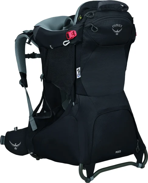 Black child carrier backpack with a padded seat, mesh side panels and a metal support frame.