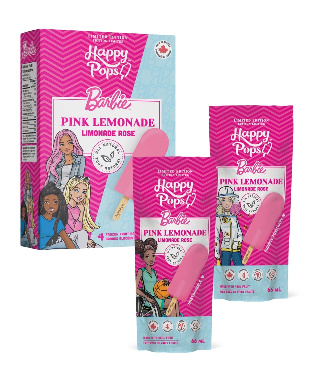 A pink box of Barbie popsicles and two pink packaged ones